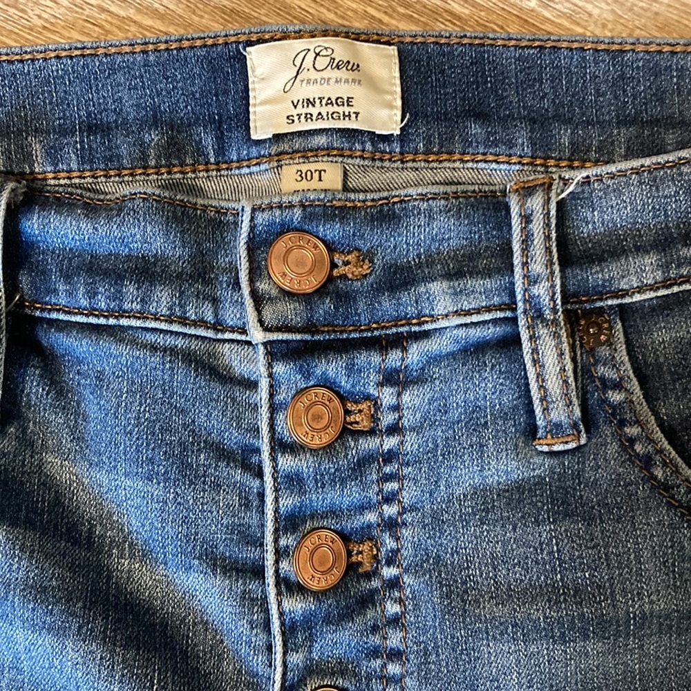 J. Crew vintage straight women’s button fly jeans size 30T with hole in knee